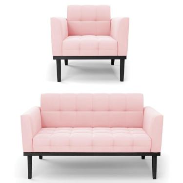 Imagem de Sofá Namoradeira E 1 Poltrona Base Madeira Preto Ana Suede Rosa Bebê - Ibiza