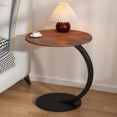 Imagem de Mesa lateral de sofá vintage em forma de C com rodas e mesa de canto para mesa de canto para mesa de centro retrô branca com canto superior redondo e prateleira de armazenamento de cabeceira. (marrom