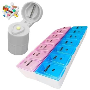 Imagem de Kit com Caixa Porta Comprimido Medicamentos Organizador Remédio Vitamina Semanal Manhã Noite 2X Ao Dia + Cortador de Comprimidos Armazenador Triturador Caixa Porta Organizador Cápsula