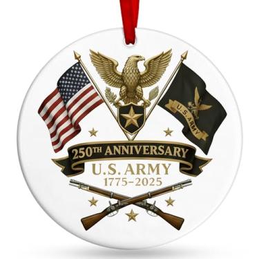 Imagem de Enfeite de 250º aniversário do exército dos EUA 2025 – Enfeite de Natal militar dos Estados Unidos 1775–2025 para decoração, presente de lembrança patriótica de veterano para homens, pai ou avô
