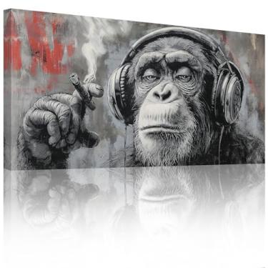 Imagem de Halioyo Arte de parede em tela de macaco hip hop - decoração de sala de música em estilo grafite vibrante, pintura abstrata moderna para sala de estar, quarto, escritório (101 x 50 cm)