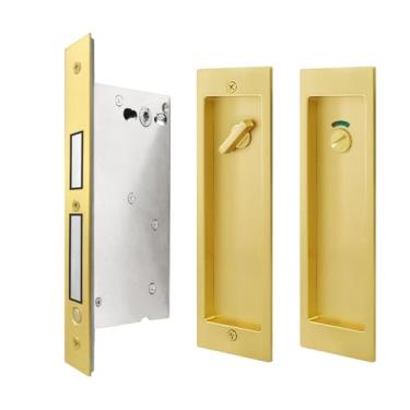 Imagem de Fechadura de privacidade para porta de bolso com indicador, sem chaves, ouro escovado - ferragens retangulares modernas, puxadores nivelados com borda para portas deslizantes e dobráveis