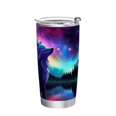 Imagem de Blueangle Copo de 590 ml com tampa e canudo, copo térmico de aço inoxidável com isolamento a vácuo, caneca térmica de lobo Aurora Boreal para bebidas quentes e frias (350)