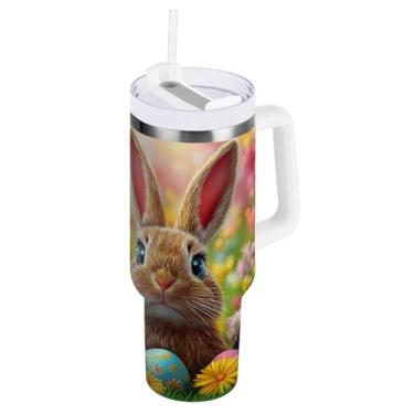Imagem de ATTX Copo de coelho fofo da Páscoa de 850 g com alça, copo de aço inoxidável a vácuo de parede dupla com palha, caneca de café de viagem isolada #99