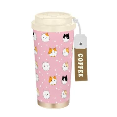 Imagem de SEHANY Caneca de viagem de gato gatinho fofo de 482 g xícaras de café reutilizáveis revestidas de cerâmica com tampa à prova de vazamento, parede dupla, isolamento a vácuo, copo de café de aço