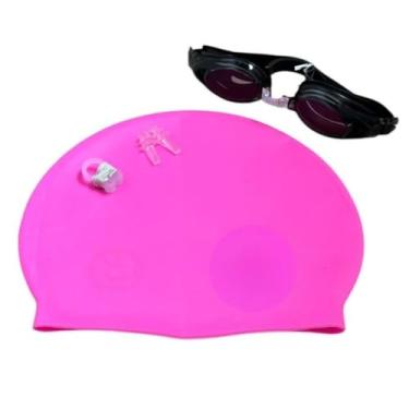 Imagem de Touca de Silicone，Kit De Natacao com Touca Silicone E Oculos Para jovens E Adultos(Rosa(touca)+Preto(óculos))