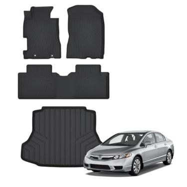 Imagem de Tapetes de chão para Honda Civic Gas Sedan 2006-2011 Upgrade Tapete de porta-malas para todos os climas TPE adequado para 2006-2011 Civic 1ª e 2ª fileiras e forro de carga antiderrapante conjunto