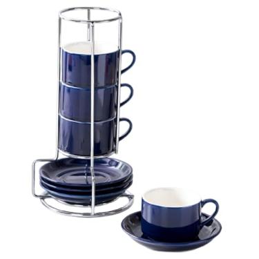 Imagem de FytStycale Conjunto de 4 xícaras de café de cerâmica com pires, empilháveis, com suporte, versáteis acessórios para decoração de casa, perfeitas para preparar, Azul