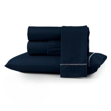 Imagem de Jogo Lençol Completo 3 Peças Cama Casal Queen Ponto Palito 200 fios Micropercal(AZUL MARINHO,SOLTEIRO)