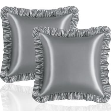 Imagem de Eychei Conjunto de 2 fronhas de travesseiro cinza claro com babados, 45 x 45 cm, fronhas de cetim para cabelo e pele, fronha de seda com fecho de envelope, fronha com babados antirugas para sofá, cama