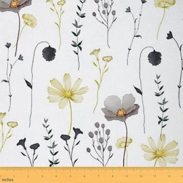 Imagem de Tecido floral amarelo e cinza da The Yard Aquarela Floral Impermeável Tecido de estofamento branco minimalista Ramos pastorais decoração estética para toalha de mesa, vestido, artesanato DIY, 1 jarda