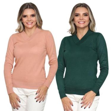 Imagem de Kit 2 Blusa Tricot Gola V Inverno Moda Casual - GIP, Nude, Verde, Únic