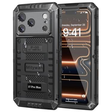 Imagem de Mitywah Capa à prova d'água para iPhone 17 Pro Max, capa de metal militar com protetor de tela integrado, capa resistente à prova de choque de corpo inteiro de 6,9 polegadas, preta