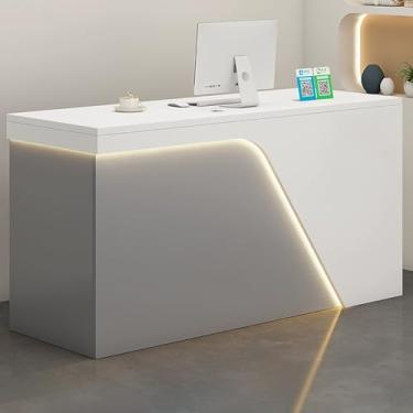 Imagem de Mesa de recepção com gaveta trancável e grande armário de armazenamento, mesa de balcão frontal para loja de varejo, balcão de caixa com orifício para cabo (branco, 140 x 55 x 90 cm)