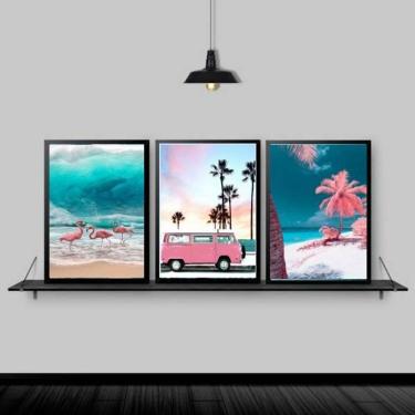 Imagem de Kit 3 Quadros Praia Kombi Rosa 33X24Cm Madeira Preta