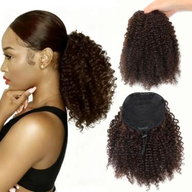 Imagem de VADES Rabo de cavalo marrom escuro com cordão para mulheres negras Cor #2 Extensões de cabelo cacheado crespo rabo de cavalo cabelo humano falso rabo de cavalo extensão de cabelo curto de 20 cm para