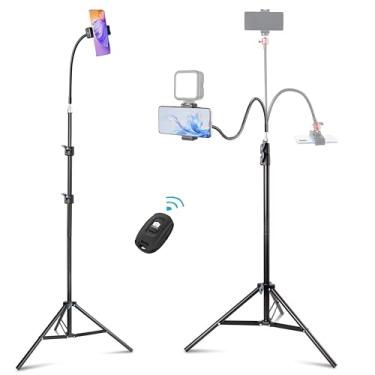 Imagem de Suporte de tripé para celular, tripé UEGOGO de 218 cm de altura com pescoço de ganso flexível e controle remoto Bluetooth, suporte de telefone ajustável para gravação de vídeo, selfies, transmissão ao