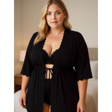 Imagem de Hobby Plus Size Feminino Roupão Tule detalhe Renda Luxo - c5 IZA, Pret