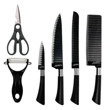 Imagem de Jogo De Facas 6 Peças Com Tesoura Aço Inox Preto - Precisão E Durabilidade Para Sua Coz...