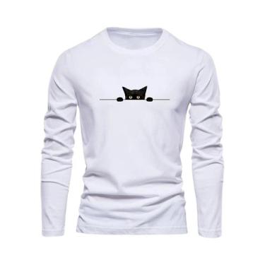 Imagem de Camiseta Masculina De Algodão Com Estampa De Gato, Manga Longa, Gola R
