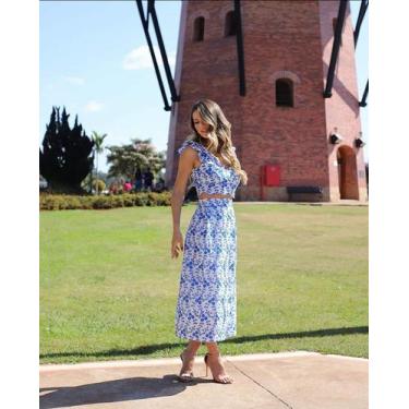 Imagem de Conjunto cropped e saia longa estampa azul e branca tamanho m - Loja Y