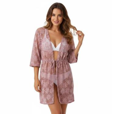 Imagem de Saída De Praia/ Kimono Em Renda De Arrastão Moda Verão - Corpo Dourado