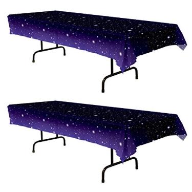 Imagem de Beistle Capas de mesa retangulares estreladas de plástico, 2 peças, decorações de mesa do sistema solar, artigos de festa espacial, prêmios, louças noturnas, 137 x 274 cm, preto/roxo/branco