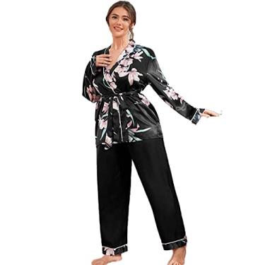 Imagem de Conjunto de pijama de cetim feminino pijama de seda roupa de dormir pijama pijama pijama verão roupa de dormir inverno macio confortável plus size, preto, 3GG (70 kg)