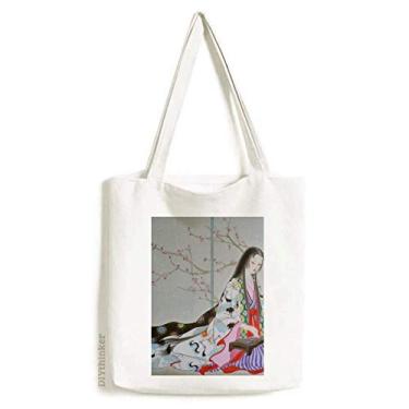 Imagem de Bolsa de lona com pintura chinesa de flor de ameixa casual bolsa de compras