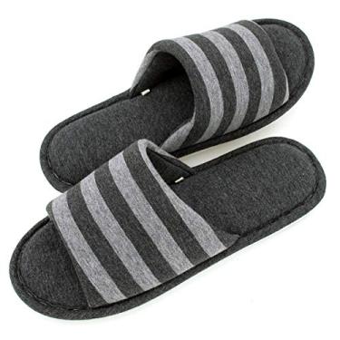 Imagem de Sunshine Code Pantufas masculinas listradas laváveis de algodão com espuma viscoelástica para casa de viagem, hotel, spa, quarto, Ash Black, 10-11 Women/7-8 Men