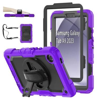 Imagem de CLARKCAS Capa para Samsung Galaxy Tab A9 22.1 cm 2023 (SM-X110/X115/X117) com protetor de tela para lápis, capa de silicone resistente à prova de choque para crianças 360 suporte alça de ombro para