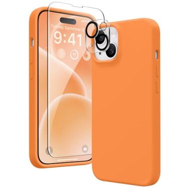 Imagem de GONEZ Capa de silicone líquido compatível com iPhone 15, capa de silicone líquido com [3 protetores de tela + 3 projetores de lente de câmera], forro de microfibra macio antiarranhões à prova de choque capa de telefone fina 6.1, laranja