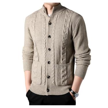 Imagem de Cardigã masculino de malha canelada suéter de malha com bolso cor sólida manga longa casual, Cáqui, 3G