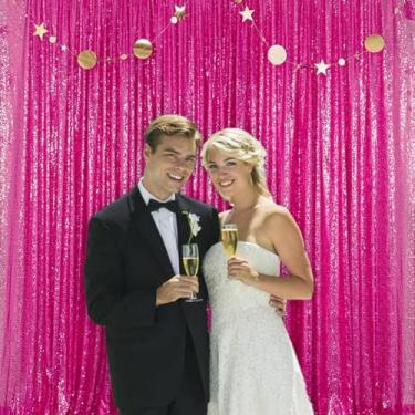 Imagem de JYFLZQ Cortina de fundo de lantejoulas rosa choque 3 x 2,4 m (LxA) 1 painel de fundo de sequência de glitter para festas, cabine de fotos, cortinas de fundo para casamentos, aniversários, chás de