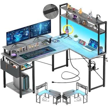 Imagem de Aheaplus Mesa de jogos pequena em forma de L com luzes LED e tomadas, mesa de computador reversível em forma de L com suporte para monitor e prateleira de armazenamento, mesa de canto para escritório