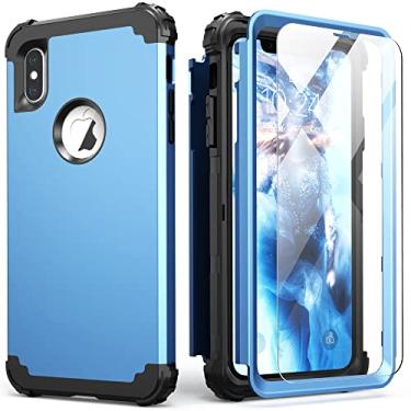 Imagem de IDweel Capa para iPhone Xs Max com película protetora de tela (vidro temperado), 3 em 1, absorção de choque, proteção resistente, capa de policarbonato rígido, amortecedor de silicone macio, capa durável de corpo inteiro, azul pacífico/preto