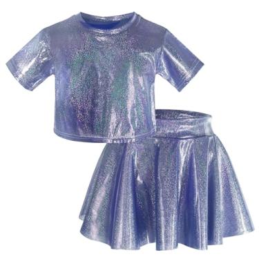Imagem de Panegy Conjunto de roupa de dança metálica para meninas, top cropped de manga curta com saia plissada evasê, pacote com 2, Azul, 120 (5-6 Years)