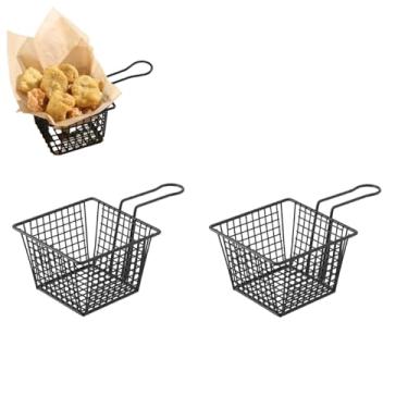 Imagem de Cesta de fritura, 2 peças, suporte para batatas fritas, aço inoxidável, mini cesta quadrada para fritar, coador, suporte de hambúrguer, escorredor de alimentos com alça para restaurante, casa (preto