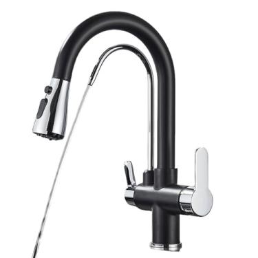 Imagem de Torneira com filtro de água, torneiras de cozinha, torneira com filtro de alça dupla, misturador, rotação de 360 graus, torneiras com recurso de purificação de água, pretas com cromo