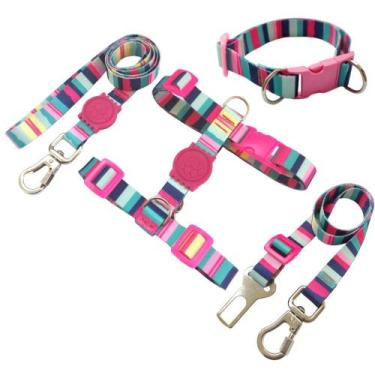 Imagem de Kit Coleira Peitoral H Anti-puxão Guia e Cinto Cachorro Rosa - Única M
