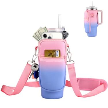 Imagem de OUTXE Bolsa de transporte de garrafa de água para copo Stanley de 890 ml com alça, suporte para garrafa de água com alça ajustável e bolso para telefone, acessórios Stanley Cup Pouch para caminhar, viajar, acampar (rosa azul)