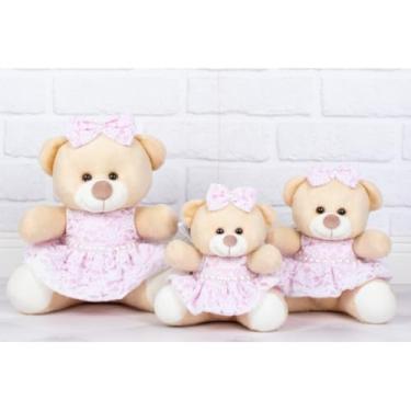 Imagem de TRIO DE URSOS DE PELUCIA - VESTIDO DE RENDA 15/18/22 CM, PARA DECORAÇÃO (ROSA)