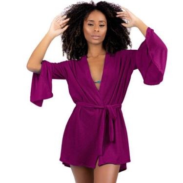 Imagem de Chemise Saída De Praia Kimono Manga Godê Com Cinto Ajustável Estilo Ve