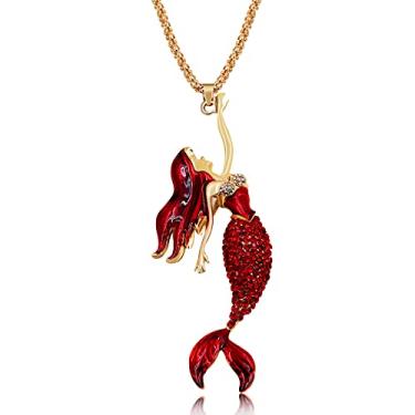 Imagem de Uloveido Colar de sereia roxo azul vermelho para meninas banhado a ouro rosa corrente longa sereia joias colar com pingente para mulheres YS841, Metal, Zircônia cúbica