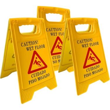Imagem de Pacote com 3 placas de aviso para piso molhado, 41,7 cm de altura, design de moldura dobrável dupla face amarelo brilhante, mensagem de cuidado bilíngue, adequada para aeroportos, hotéis, escolas,