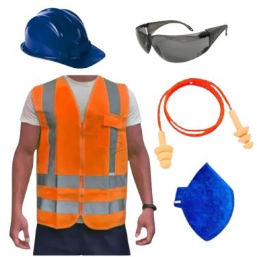 Imagem de Kit Obra Óculos Croma Capacete de Proteção Colete Refletivo Protetor Auricular Máscara PFF2 EPI (Azul, M)