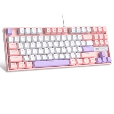 Imagem de MageGee Teclado Mecânico Para Jogos 75% Com Interruptor Vermelho, Retroiluminação Led Azul, 87 Teclas Tkl Com Fio Para Pc Gamer Windows - Branco/Rosa