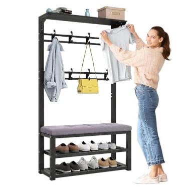 Imagem de Árvore de salão 4 em 1 livre com banco e topo, suporte industrial para casacos com banco de sapatos e 8 ganchos vazados esculpidos, suporte de roupas para corredor sala de estar 60/80/100 x 30 x 172