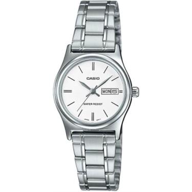 Imagem de Casio Relógio social feminino de quartzo, analógico e aço inoxidável, prata/branco, Movimento de quartzo