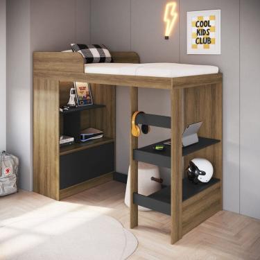 Imagem de Cama Alta Multifuncional Solteiro com Estante e Escrivaninha 80 Amsterdam Mel